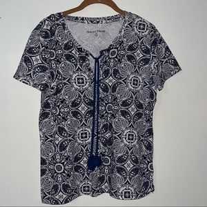 REBECCA MALONE Women Floral Blouse Blue White Tassel Tie Short Sleeve Medium